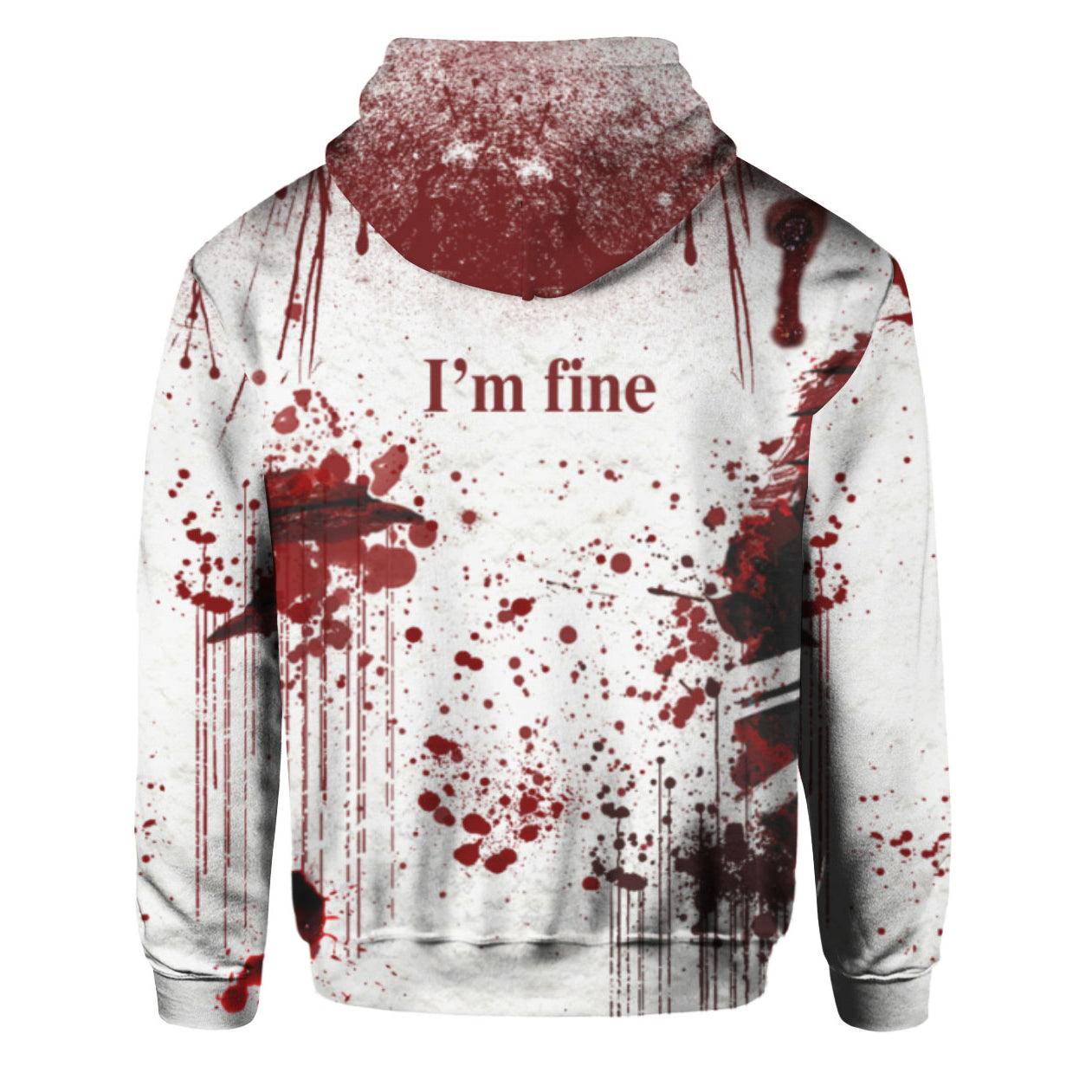 I'm Fine Bloody All Over Print Unisex Pullover Hoodie, Cool Full Printed Long Sleeves Pull Over - Wonder Skull