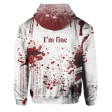 I'm Fine Bloody All Over Print Unisex Pullover Hoodie, Cool Full Printed Long Sleeves Pull Over - Wonder Skull
