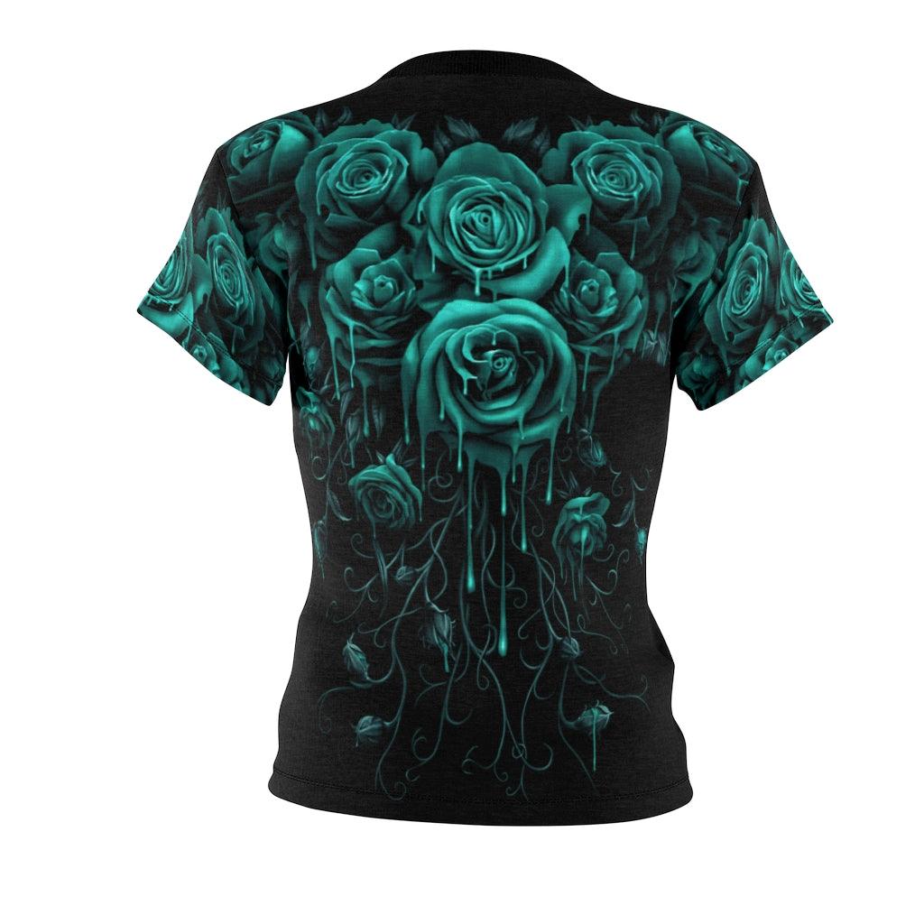 Cyan Skull And Rose Melting All Over Print T-shirt For Women - Wonder Skull