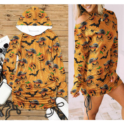 Halloween Bat Pumpkin All Over Print Women One Shoulder Dress With Waist Shirring, Long Hoodie For Women - Wonder Skull