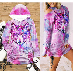 Purple & Pink Wolf All Over Print Women One Shoulder Dress With Waist Shirring, Long Hoodie For Women - Wonder Skull