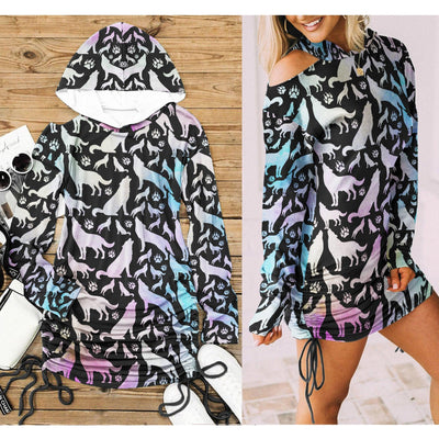 Galaxy Wolf Pattern All Over Print Women One Shoulder Dress With Waist Shirring, Long Hoodie For Women - Wonder Skull