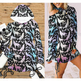 Galaxy Wolf Pattern All Over Print Women One Shoulder Dress With Waist Shirring, Long Hoodie For Women - Wonder Skull