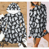 Halloween Boo All Over Print Women One Shoulder Dress With Waist Shirring, Long Hoodie For Women - Wonder Skull