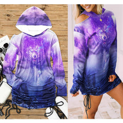 Wolf Mountain Artwork All Over Print Women One Shoulder Dress With Waist Shirring, Long Hoodie For Women - Wonder Skull