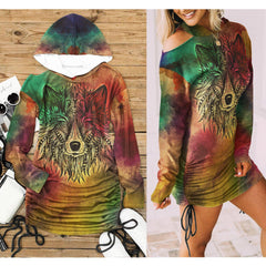 Vintage Wolf All Over Print Women One Shoulder Dress With Waist Shirring, Long Hoodie For Women - Wonder Skull