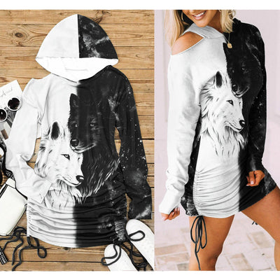 Black White Wolf All Over Print Women One Shoulder Dress With Waist Shirring, Long Hoodie For Women - Wonder Skull