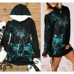 Shadow Head Of Wolves All Over Print Women One Shoulder Dress With Waist Shirring, Long Hoodie For Women - Wonder Skull