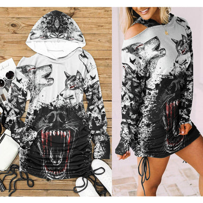 Wolves Howling All Over Print Women One Shoulder Dress With Waist Shirring, Hot Long Hoodie For Women - Wonder Skull