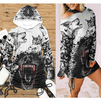 Wolves Howling All Over Print Women One Shoulder Dress With Waist Shirring, Hot Long Hoodie For Women - Wonder Skull