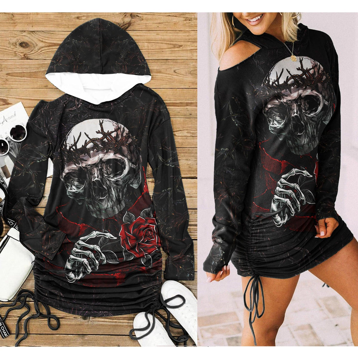 Skull Gothic Romantic Rose Open Shoulder Hoodie Dress - Wonder Skull