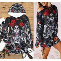 Skull Gothic Girl Rose All Over Print Women One Shoulder Dress With Waist Shirring, Hot Long Hoodie For Women - Wonder Skull