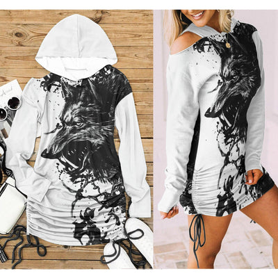 Wolf Warrior All Over Print Women One Shoulder Dress With Waist Shirring, Hot Long Hoodie For Women - Wonder Skull