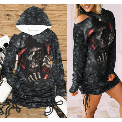 Skull Hand Scary All Over Print Women One Shoulder Dress With Waist Shirring, Hot Long Hoodie For Women - Wonder Skull