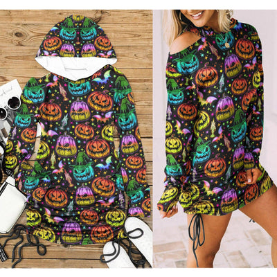 Colorful Halloween All Over Print Women One Shoulder Dress With Waist Shirring, Long Hoodie For Women - Wonder Skull