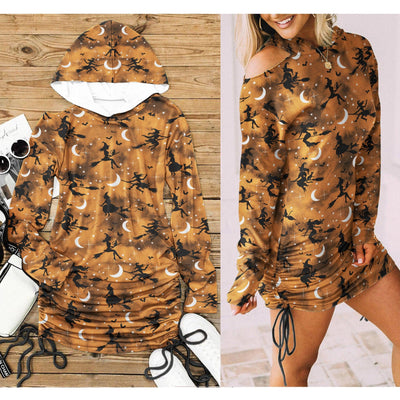 Halloween Moon Witchy All Over Print Women One Shoulder Dress With Waist Shirring, Hot Costume For Women - Wonder Skull
