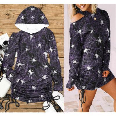 White Spider All Over Print Women One Shoulder Dress With Waist Shirring, Long Hoodie For Women - Wonder Skull