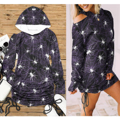 White Spider All Over Print Women One Shoulder Dress With Waist Shirring, Long Hoodie For Women - Wonder Skull