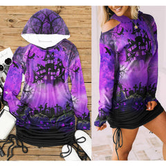 Halloween Castle Night All Over Print Women One Shoulder Dress With Waist Shirring, Pumpkin Long Hoodie For Women - Wonder Skull