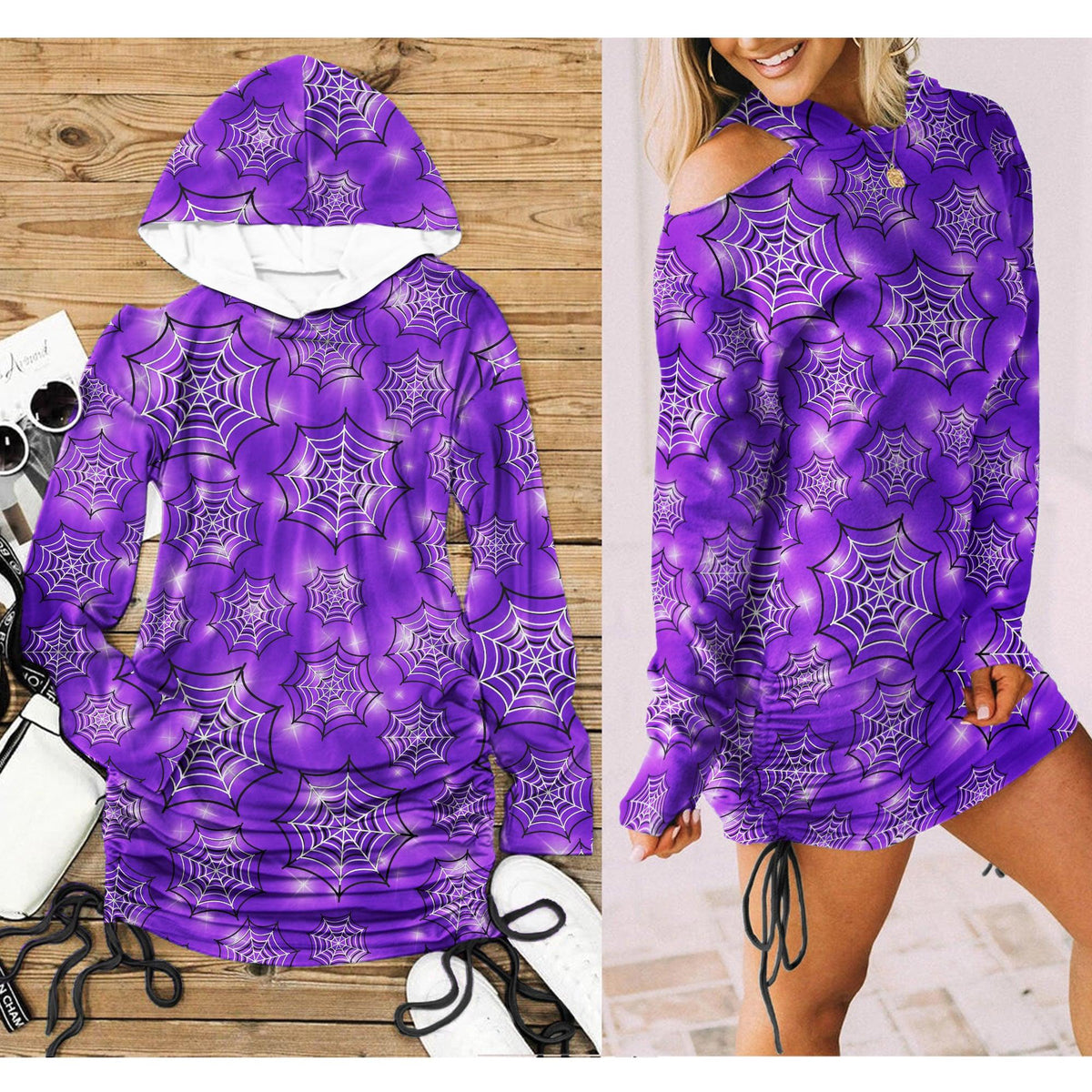 Purple Spider Net All Over Print Women One Shoulder Dress With Waist Shirring, Hot Long Hoodie For Women - Wonder Skull