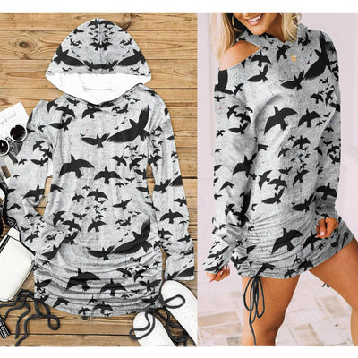 Gray Raven All Over Print Women One Shoulder Dress With Waist Shirring, Long Hoodie For Women - Wonder Skull