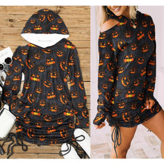 Halloween Pumpkin Smile All Over Print Women One Shoulder Dress With Waist Shirring, Long Hoodie For Women - Wonder Skull