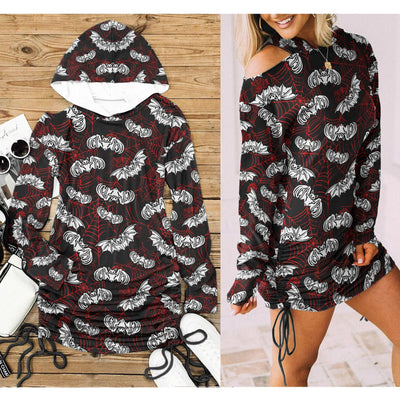 Bat Spider Net All Over Print Women One Shoulder Dress With Waist Shirring - Wonder Skull