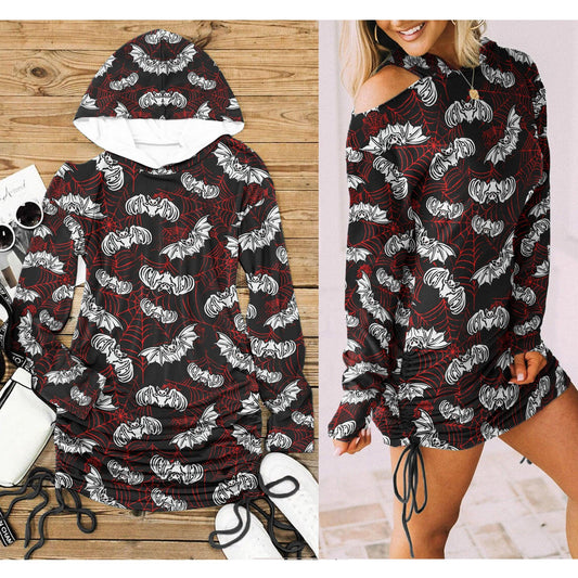 Bat Spider Net All Over Print Women One Shoulder Dress With Waist Shirring - Wonder Skull
