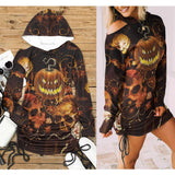 Halloween Skull Pumpkin Night All Over Print Women One Shoulder Dress With Waist Shirring, Long Hoodie For Women - Wonder Skull