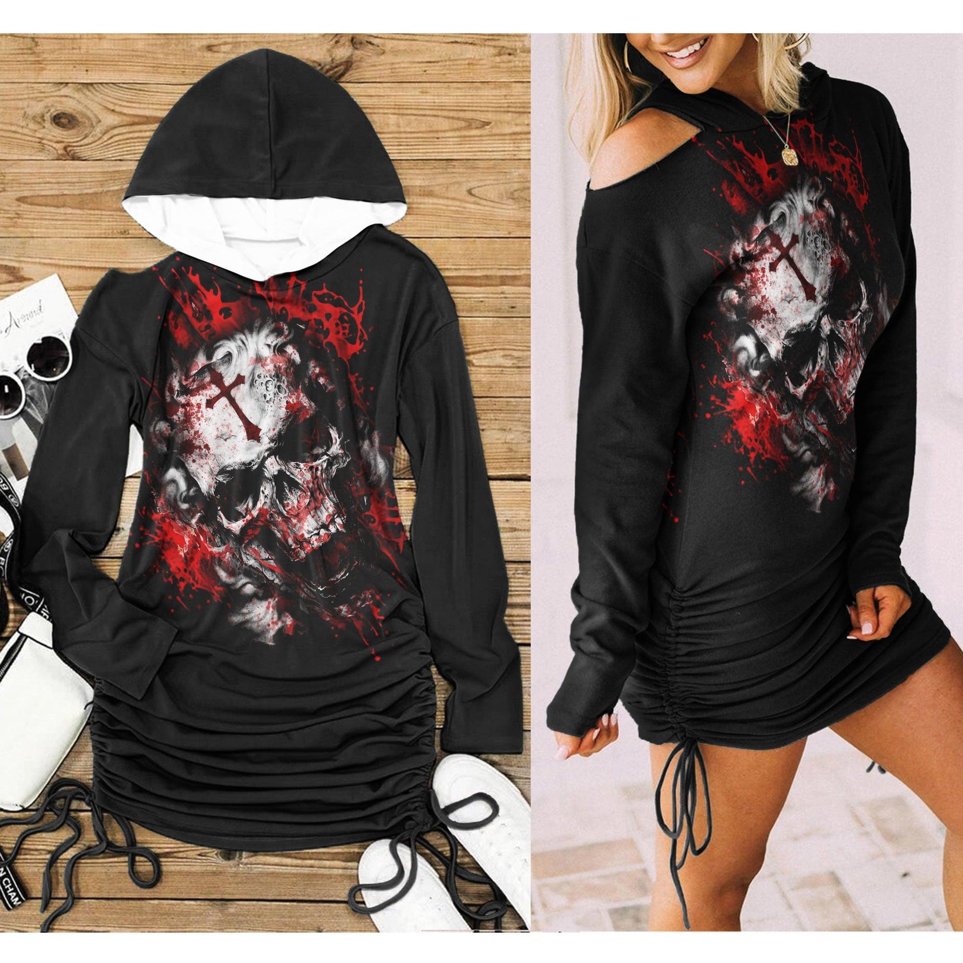 Red Skull Cross All Over Print Women One Shoulder Dress With Waist Shirring, Halloween Long Hoodie For Women - Wonder Skull