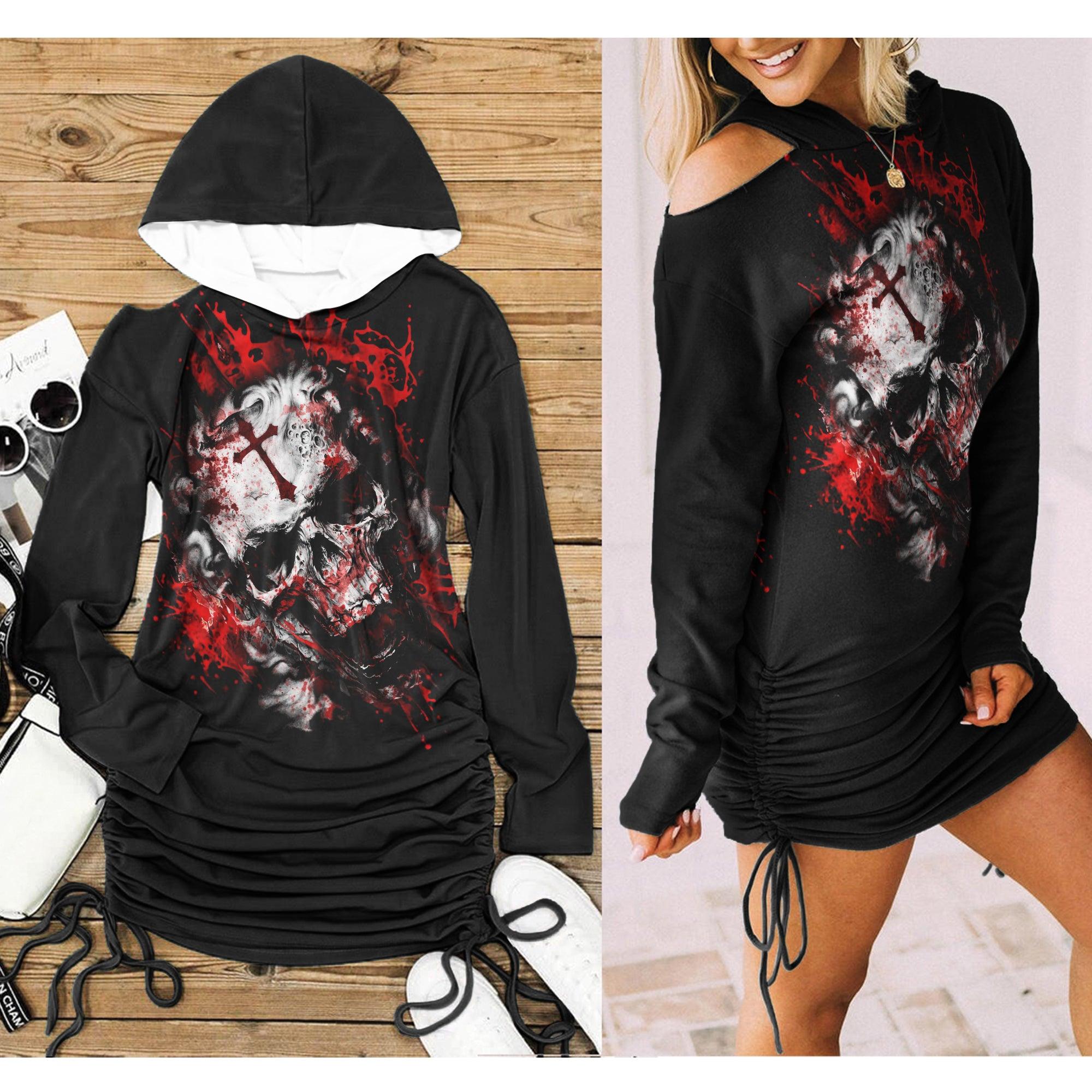 Red Skull Cross All Over Print Women One Shoulder Dress With Waist Shirring, Halloween Long Hoodie For Women - Wonder Skull
