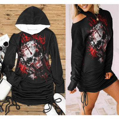 Red Skull Cross All Over Print Women One Shoulder Dress With Waist Shirring, Halloween Long Hoodie For Women - Wonder Skull