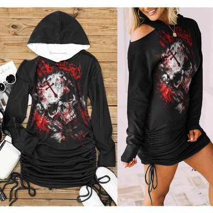 Red Skull Cross All Over Print Women One Shoulder Dress With Waist Shirring, Halloween Long Hoodie For Women - Wonder Skull