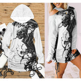 Skull Warrior All Over Print Women One Shoulder Dress With Waist Shirring, Hot Long Hoodie For Women - Wonder Skull