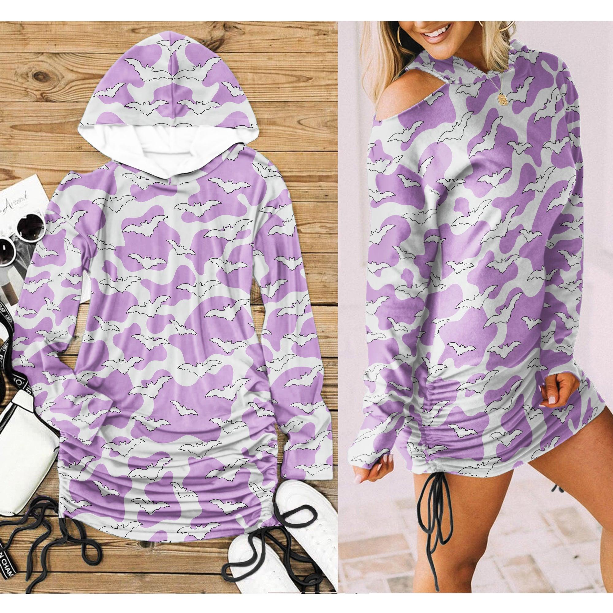 Purple Pastel Bat All Over Print Women One Shoulder Dress With Waist Shirring, Long Hoodie For Women - Wonder Skull