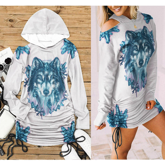 Pink Pastel Crytal Wolf One Shoulder Dress For Women - Wonder Skull