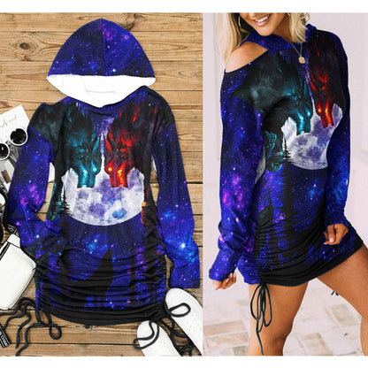 Wolf Warriors One Shoulder Dress For Women - Wonder Skull
