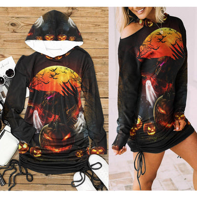 Halloween Raven Pumpkin All Over Print Women One Shoulder Dress With Waist Shirring, Long Hoodie For Women - Wonder Skull
