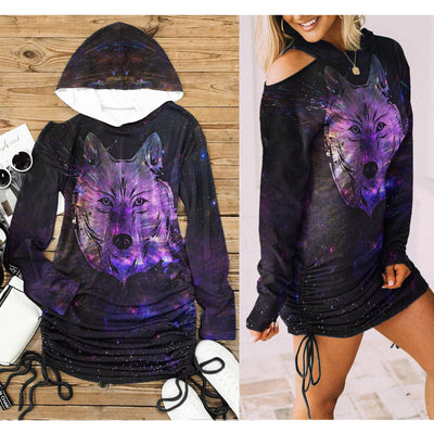 Dark Shadow Wolf All Over Print Women One Shoulder Dress With Waist Shirring, Long Hoodie For Women - Wonder Skull