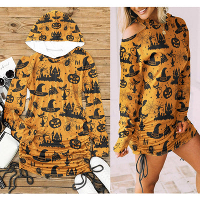 Halloween Cat Pumpkin All Over Print Women One Shoulder Dress With Waist Shirring, Long Hoodie For Women - Wonder Skull