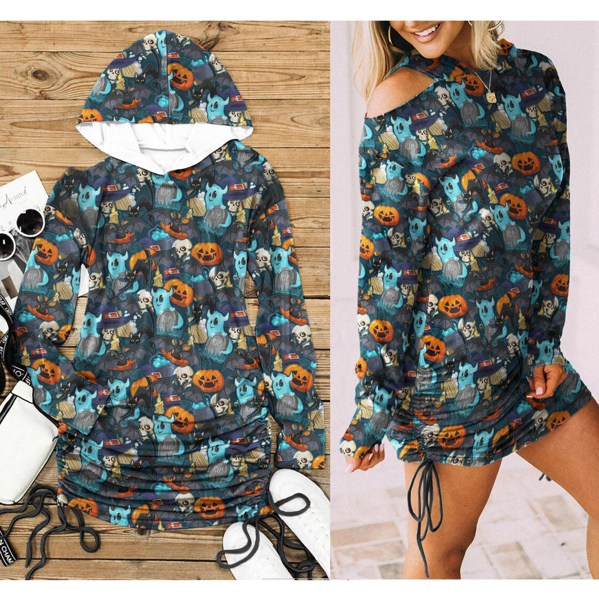 Witchy Skull All Over Print Women One Shoulder Dress With Waist Shirring, Hot Long Hoodie For Women - Wonder Skull