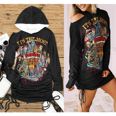 It's The Most Time All Over Print Women One Shoulder Dress With Waist Shirring, Halloween Long Hoodie For Women - Wonder Skull