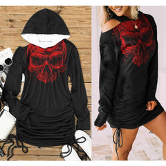 Red Skull Women One Shoulder Dress With Waist Shirring, Hot Long Hoodie For Women - Wonder Skull