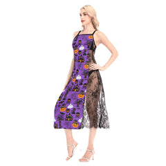 Halloween Purple Pattern All-Over Print Women Lace Cami Cross Back Dress - Wonder Skull