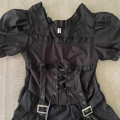 Punk Gothic Front Tie Dress, Impressive Puff Sleeve Clothes For Women - Wonder Skull