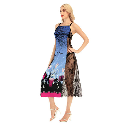 Mexico Skull All-Over Print Women Lace Cami Cross Back Dress - Wonder Skull