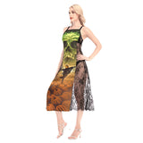 Halloween Scary Pumpkin Skull All-Over Print Women Lace Cami Cross Back Dress - Wonder Skull