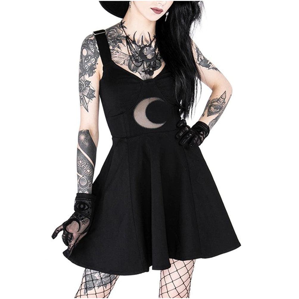 Gothic Moon Lace Black Dress, Elegant Witchy Sleeveless Mini Dress For Women - Wonder Skull