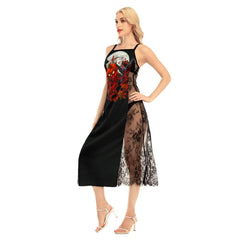 Halloween Artwork All-Over Print Women Lace Cami Cross Back Dress - Wonder Skull