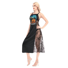 Pumpkin Spider All-Over Print Women Lace Cami Cross Back Dress - Wonder Skull